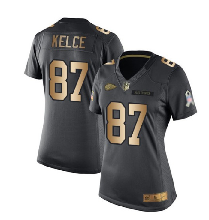 Women's Kansas City Chiefs #87 Travis Kelce 2023 Black/Gold Salute To Service Limited Stitched Jersey(Run Small) Women's Kansas City Chiefs #87 Travis Kelce 2023 Black/Gold Salute To Service Limited Stitched Jersey(Run Small)