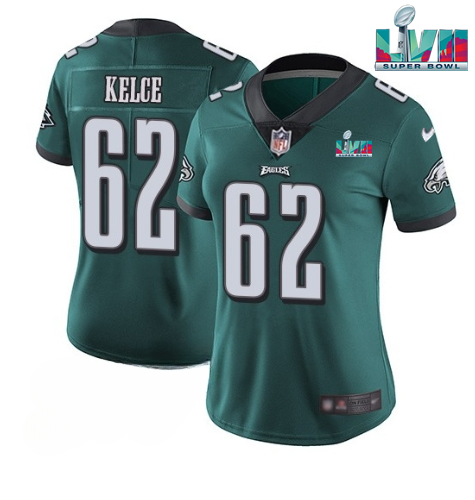 Women's Philadelphia Eagles #62 Jason Kelce Green Super Bowl LVII PatchVapor Untouchable Limited Stitched Football Jersey(Run Small) Women's Philadelphia Eagles #62 Jason Kelce Green Super Bowl LVII PatchVapor Untouchable Limited Stitched Football Jersey(Run Small)