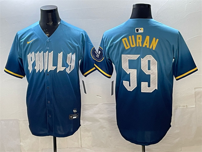 Men's Philadelphia Phillies #59 Jhoan Durán Blue 2024 City Connect Limited Stitched Jersey Men's Philadelphia Phillies #59 Jhoan Durán Blue 2024 City Connect Limited Stitched Jersey