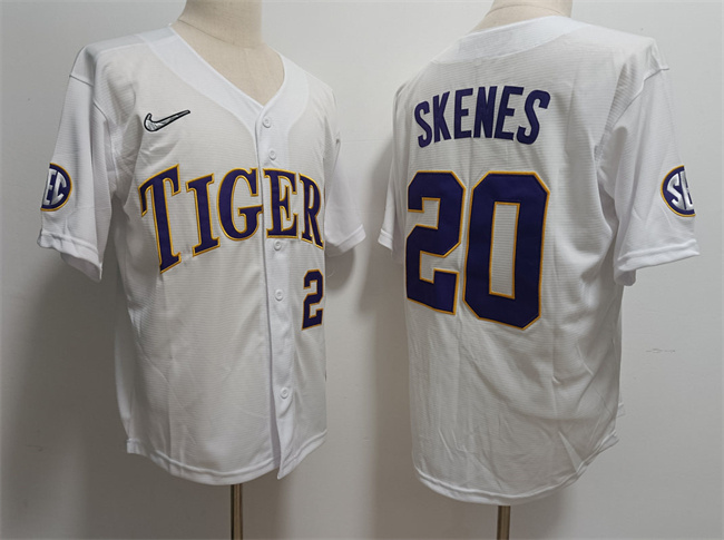 Men's LSU Tigers #20 Paul Skenes White Stitched Baseball Jersey Men's LSU Tigers #20 Paul Skenes White Stitched Baseball Jersey