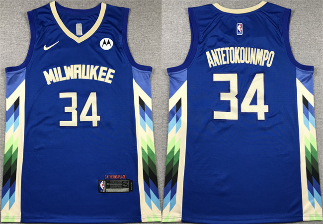 Men's Milwaukee Bucks #34 Giannis Antetokounmpo 2022-23 Blue City Edition Stitched Basketball Jersey Men's Milwaukee Bucks #34 Giannis Antetokounmpo 2022-23 Blue City Edition Stitched Basketball Jersey