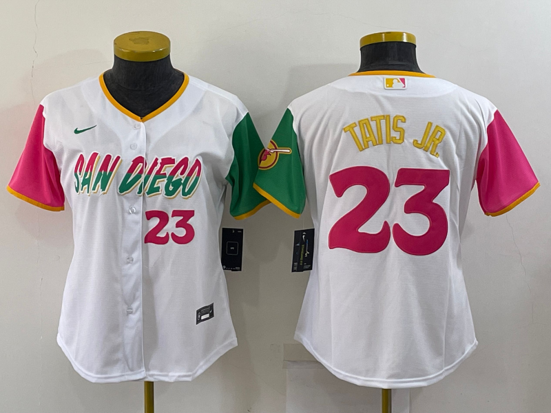Women's San Diego Padres #23 Fernando Tatis Jr. 2022 White City Connect Cool Base Stitched Baseball Jersey(Run Small) Women's San Diego Padres #23 Fernando Tatis Jr. 2022 White City Connect Cool Base Stitched Baseball Jersey(Run Small)