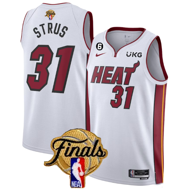 Men's Miami Heat #31 Max Strus White 2023 Finals Association Edition With NO.6 Patch Stitched Basketball Jersey Men's Miami Heat #31 Max Strus White 2023 Finals Association Edition With NO.6 Patch Stitched Basketball Jersey