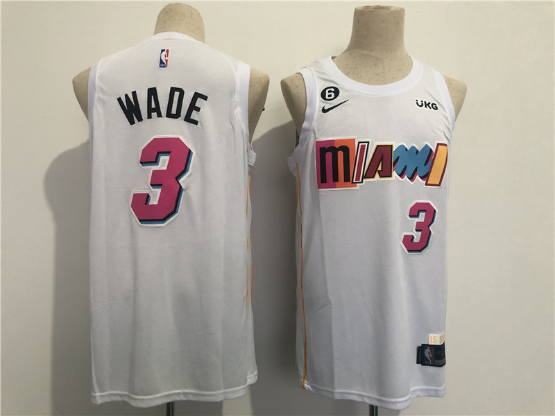 Men's Miami Heat #3 Dwyane Wade 2022/23 White City Edition With NO.6 Patch Stitched Jersey Men's Miami Heat #3 Dwyane Wade 2022/23 White City Edition With NO.6 Patch Stitched Jersey