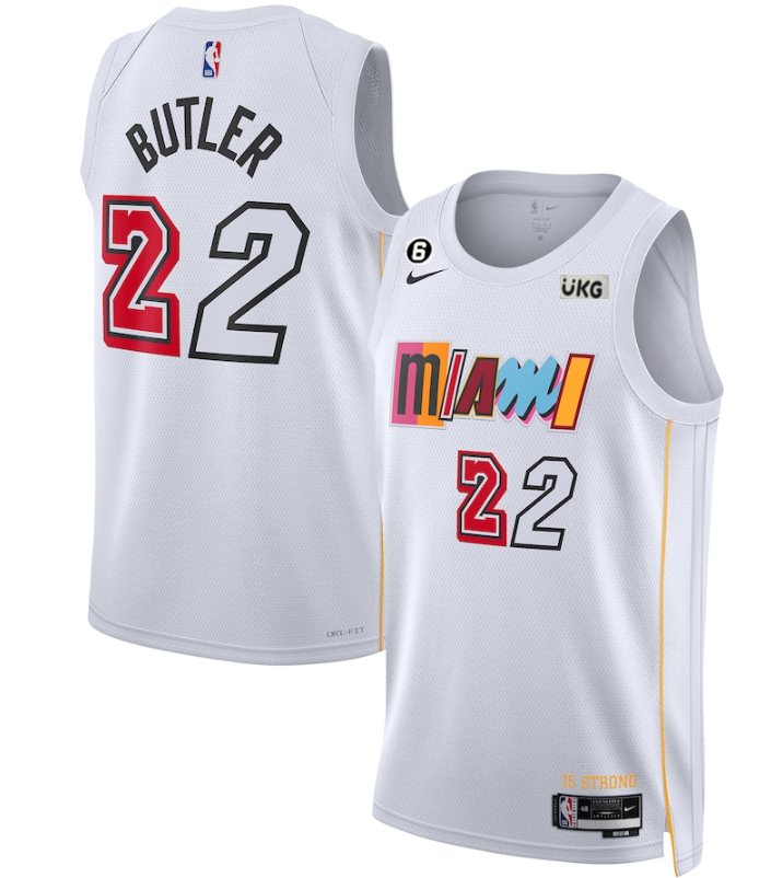Men's Miami Heat #22 Jimmy Butler White 2022/23 City Edition With NO.6 Patch Stitched Jersey Men's Miami Heat #22 Jimmy Butler White 2022/23 City Edition With NO.6 Patch Stitched Jersey