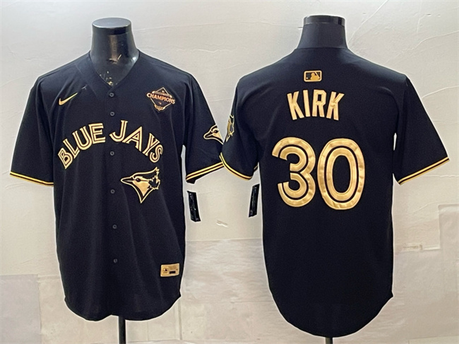 Men's Toronto Blue Jays #30 Alejandro Kirk Black Gold 2025 American League Champions Limited Stitched Baseball Jersey Men's Toronto Blue Jays #30 Alejandro Kirk Black Gold 2025 American League Champions Limited Stitched Baseball Jersey