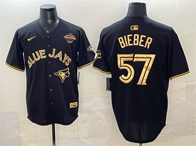 Men's Toronto Blue Jays #57 Shane Bieber Black Gold 2025 American League Champions Limited Stitched Baseball Jersey Men's Toronto Blue Jays #57 Shane Bieber Black Gold 2025 American League Champions Limited Stitched Baseball Jersey