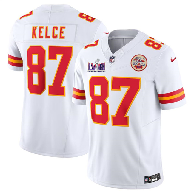 Youth Kansas City Chiefs #87 Travis Kelce White Super Bowl LVIII Patch 2023 F.U.S.E. Vapor Untouchable Limited Stitched Jersey Youth Kansas City Chiefs #87 Travis Kelce White Super Bowl LVIII Patch 2023 F.U.S.E. Vapor Untouchable Limited Stitched Jersey