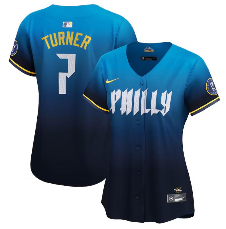 Women's Philadelphia Phillies #7 Trea Turner Blue 2024 City Connect Limited Stitched Baseball Jersey Women's Philadelphia Phillies #7 Trea Turner Blue 2024 City Connect Limited Stitched Baseball Jersey