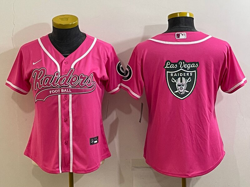 Women's Las Vegas Raiders Pink Team Big Logo With Patch Cool Base Stitched Baseball Jersey(Run Small) Women's Las Vegas Raiders Pink Team Big Logo With Patch Cool Base Stitched Baseball Jersey(Run Small)