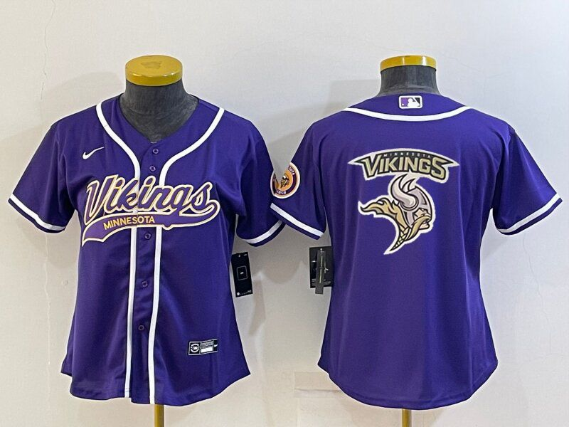 Women's Minnesota Vikings Purple Team Big Logo With Patch Cool Base Stitched Baseball Jersey(Run Small) Women's Minnesota Vikings Purple Team Big Logo With Patch Cool Base Stitched Baseball Jersey(Run Small)