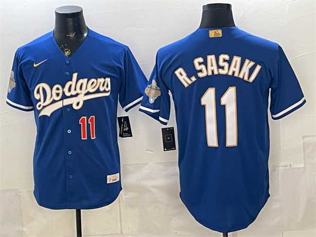 Men's Los Angeles Dodgers #11 Roki Sasaki Royal 2026 Alternate Gold Collection Stadium Stitched Baseball Jersey Men's Los Angeles Dodgers #11 Roki Sasaki Royal 2026 Alternate Gold Collection Stadium Stitched Baseball Jersey