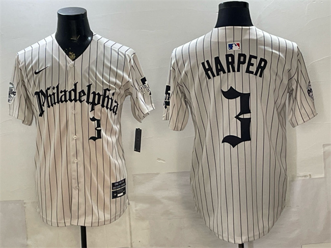 Men's Philadelphia Phillies #3 Bryce Harper Cream Pinstripe Gothic Vapor Limited Stitched Jersey Men's Philadelphia Phillies #3 Bryce Harper Cream Pinstripe Gothic Vapor Limited Stitched Jersey