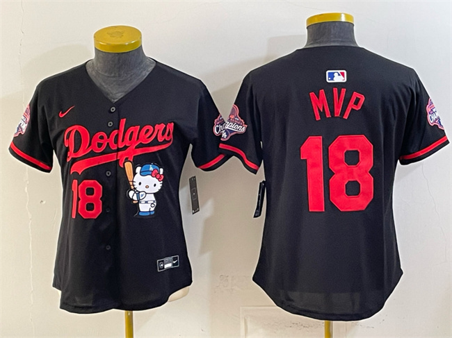 Youth Los Angeles Dodgers #18 MVP Black Hello Kitty Night 2025 World Series Champions Patch Stitched Baseball Jersey