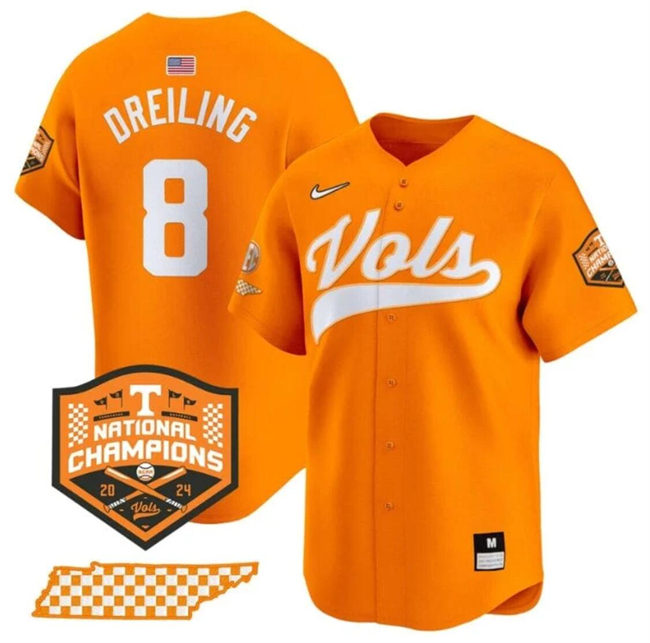 Men's Tennessee Volunteers #8 Dylan Dreiling Orange 2024 Champions Vapor Limited Stitched Jersey Men's Tennessee Volunteers #8 Dylan Dreiling Orange 2024 Champions Vapor Limited Stitched Jersey