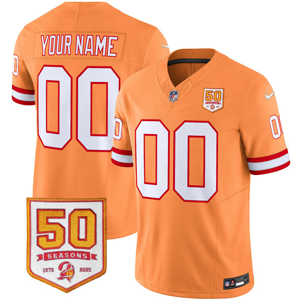 Youth Tampa Bay Buccaneers Active Player Custom Orange 2025 F.U.S.E. 50th Season Patch Throwback Vapor Untouchable Limited Stitched Football Jersey