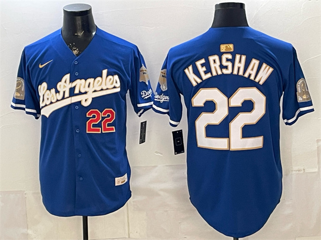 Men's Los Angeles Dodgers #22 Clayton Kershaw Royal 2026 Gold Collection 9x & B2B Champs Patch Stitched Baseball Jersey Men's Los Angeles Dodgers #22 Clayton Kershaw Royal 2026 Gold Collection 9x & B2B Champs Patch Stitched Baseball Jersey