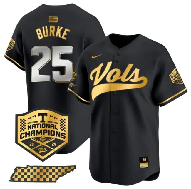 Men's Tennessee Volunteers #25 Blake Burke Black Gold 2024 Champions Vapor Limited Stitched Jersey Men's Tennessee Volunteers #25 Blake Burke Black Gold 2024 Champions Vapor Limited Stitched Jersey